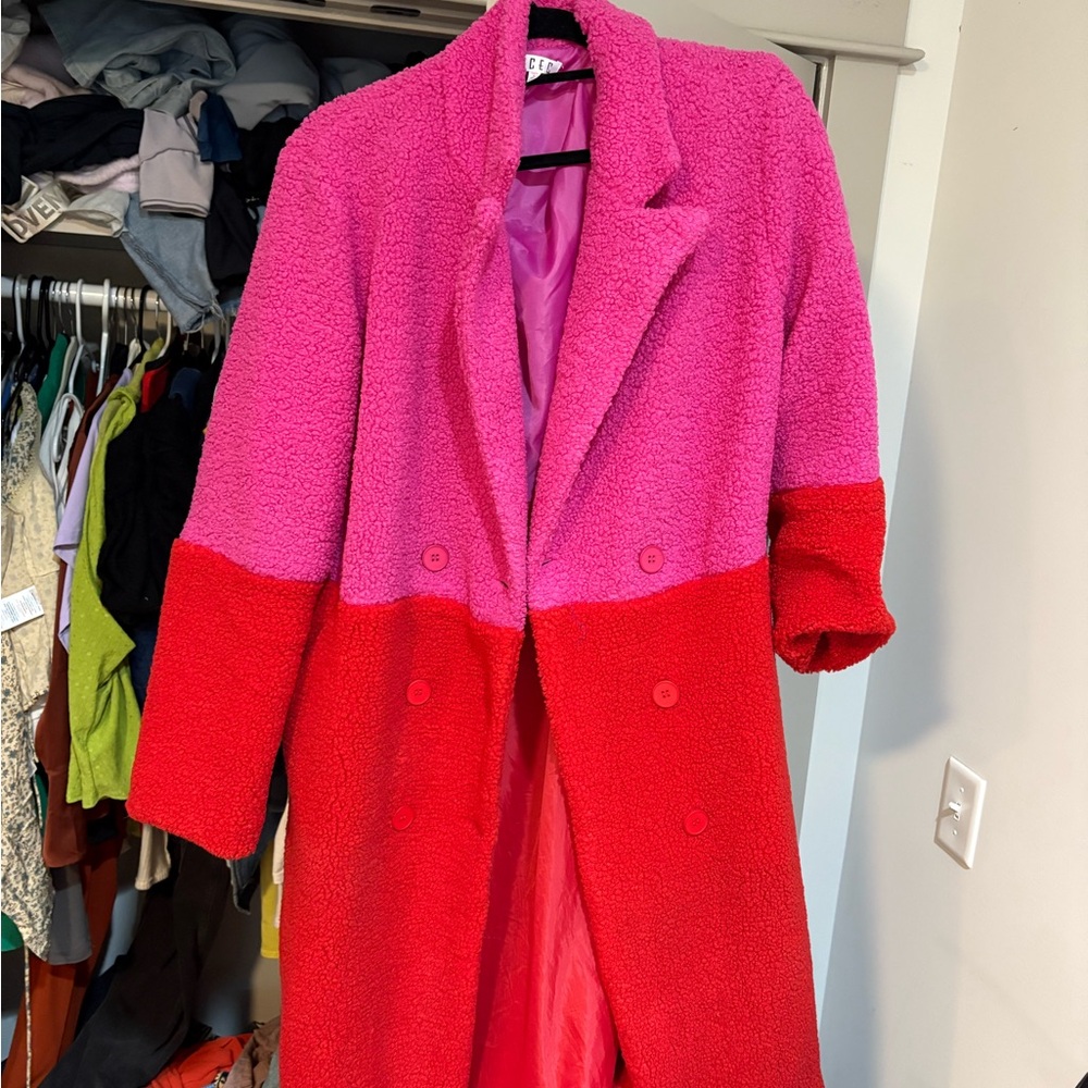 fab'rik Red and Pink Teddy Jacket